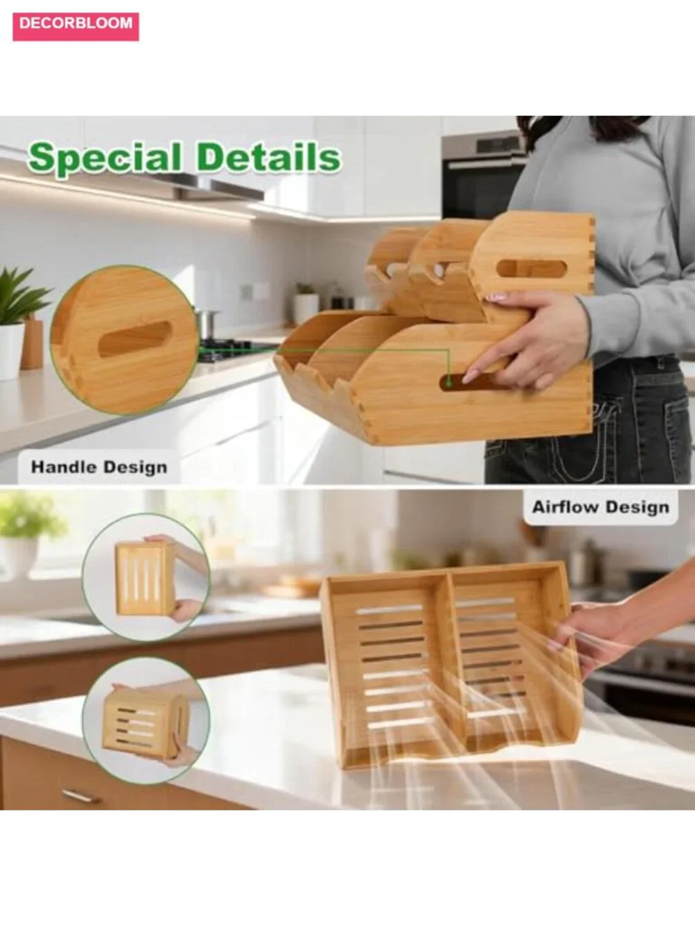 Bamboo Pantry Storage Bins Stackable Fruit Vegetable Basket Organizer